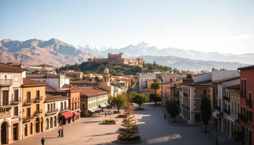 A picturesque cityscape of Granada, Spain, captured on a bright, sunny day. In the foreground, cobblestone streets wind through charming plazas, lined with colorful buildings and quaint cafes. The iconic Alhambra palace perches atop a hill in the middle distance, its ornate Moorish architecture casting long shadows. In the background, the rugged peaks of the Sierra Nevada mountains rise majestically, their snow-capped summits glinting in the warm light. Soft, diffused lighting creates a welcoming, inviting atmosphere, drawing the viewer into the serene, historic setting. Capture this visually captivating, quintessential Granada cityscape through a wide-angle lens, conveying the city's grandeur and timeless allure.