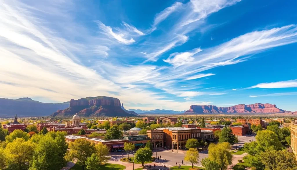 A picturesque cityscape of Grand Junction, Colorado, nestled against the rugged Rocky Mountains. In the foreground, lush green parks and tree-lined streets, with people strolling and cyclists enjoying the sunny day. The iconic Colorado National Monument looms in the distance, its towering red sandstone cliffs and canyons casting dramatic shadows. In the middle ground, the historic downtown district features charming Victorian-style buildings, quaint shops, and outdoor cafes bustling with activity. The sky is a brilliant blue, with wispy clouds drifting overhead, bathing the scene in warm, golden light. Capture the essence of Colorado's Western Slope, a vibrant, scenic paradise. A picturesque cityscape of Grand Junction, Colorado, nestled against the rugged Rocky Mountains. In the foreground, lush green parks and tree-lined streets, with people strolling and cyclists enjoying the sunny day. The iconic Colorado National Monument looms in the distance, its towering red sandstone cliffs and canyons casting dramatic shadows. In the middle ground, the historic downtown district features charming Victorian-style buildings, quaint shops, and outdoor cafes bustling with activity. The sky is a brilliant blue, with wispy clouds drifting overhead, bathing the scene in warm, golden light. Capture the essence of Colorado's Western Slope, a vibrant, scenic paradise.