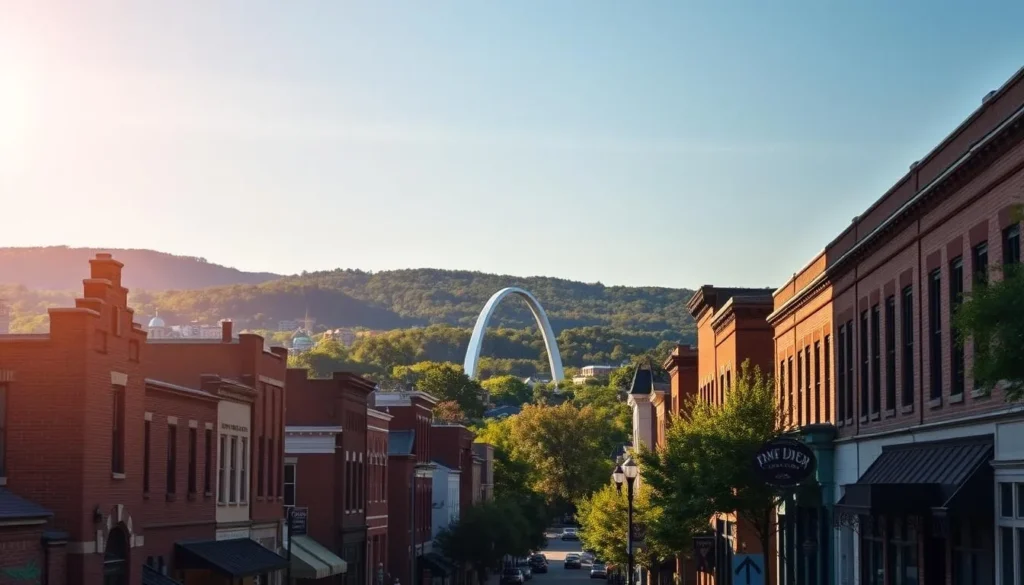 A picturesque cityscape of Greensboro, the Gate City of North Carolina. In the foreground, a bustling street lined with charming brick buildings, their facades adorned with intricate architectural details. Mid-ground features the iconic Greensboro Arch, standing tall and majestic against a clear blue sky. In the background, the rolling green hills and lush forests that surround the city create a serene and inviting atmosphere. Warm, golden sunlight filters through, casting a gentle glow over the scene. The overall impression is one of a thriving, vibrant city deeply rooted in its natural surroundings and rich history.