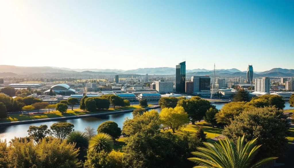 A picturesque cityscape of Hamilton, New Zealand, on a sunny afternoon. In the foreground, lush green gardens and parks line the banks of the serene Waikato River, inviting visitors to stroll, relax, and take in the tranquil atmosphere. In the middle ground, the sleek, modern architecture of the city center stands tall, reflecting the sun's rays and exuding a vibrant, cosmopolitan energy. In the background, rolling hills and distant mountains create a breathtaking natural backdrop, hinting at the abundant outdoor adventures that await. The scene is bathed in warm, golden light, capturing the inviting and lively essence of Hamilton as a premier destination for exploring the best of New Zealand's natural and urban wonders.