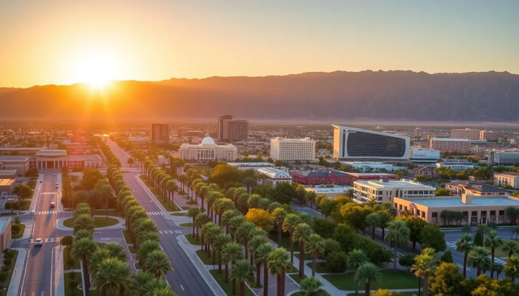 A picturesque cityscape of Henderson, Nevada, nestled against the backdrop of the majestic Sunrise Mountain range. In the foreground, pristine palm-lined boulevards and well-manicured parks invite leisurely strolls. The middle ground showcases the gleaming glass and steel high-rises of the vibrant downtown district, punctuated by the iconic Lion Habitat Ranch and the serene waters of the Lake Las Vegas. In the distance, the sun casts a warm, golden glow over the rugged, desert-hued slopes, creating a harmonious blend of urban sophistication and natural splendor. Capture the essence of this hidden gem, where modern amenities and outdoor adventures converge to create a truly captivating and memorable experience.