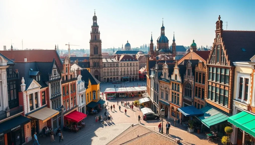 A picturesque cityscape of Lille, France's northern gem, under a bright, warm sun. In the foreground, charming cobblestone streets lined with colorful, historic buildings and cafes bustling with locals and visitors. The middle ground features the iconic Flemish-Baroque style of the Grand Place, with its ornate facades and imposing belfry tower. In the background, the skyline is dominated by the spires and domes of the numerous cathedrals and churches, creating a harmonious blend of old-world architecture. The scene is captured with a wide-angle lens, emphasizing the grand scale and sense of depth, while the natural lighting casts warm, golden hues across the entire cityscape, evoking a welcoming and tranquil atmosphere. A picturesque cityscape of Lille, France's northern gem, under a bright, warm sun. In the foreground, charming cobblestone streets lined with colorful, historic buildings and cafes bustling with locals and visitors. The middle ground features the iconic Flemish-Baroque style of the Grand Place, with its ornate facades and imposing belfry tower. In the background, the skyline is dominated by the spires and domes of the numerous cathedrals and churches, creating a harmonious blend of old-world architecture. The scene is captured with a wide-angle lens, emphasizing the grand scale and sense of depth, while the natural lighting casts warm, golden hues across the entire cityscape, evoking a welcoming and tranquil atmosphere.