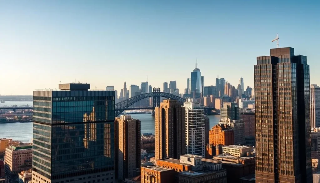 A picturesque cityscape of Long Island City, New York, on a pleasant day. In the foreground, modern high-rise buildings with sleek, glass facades stand tall, reflecting the clear blue sky. In the middle ground, the iconic Queensboro Bridge spans the East River, its arched steel structure a striking architectural marvel. In the background, the Manhattan skyline rises, its famous skyscrapers and landmarks creating a dramatic backdrop. Warm sunlight bathes the scene, casting long shadows and creating a sense of depth and dimension. The overall atmosphere is one of vibrancy, progress, and the juxtaposition of old and new, making this a truly unique and captivating view of NYC's hidden gem.