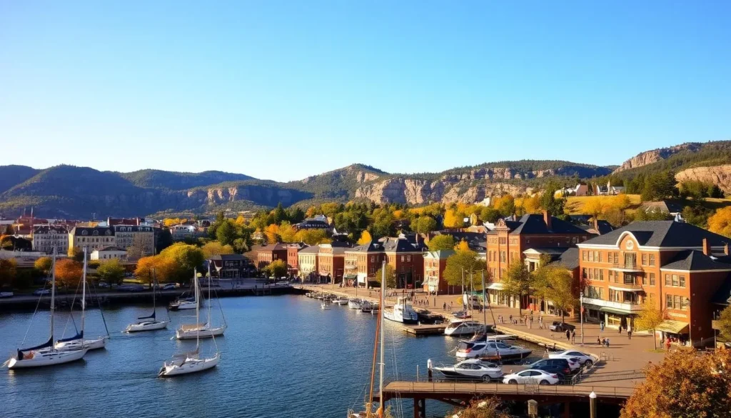 A picturesque cityscape of Marquette, Michigan on a sunny day. In the foreground, a bustling harbor with sailboats and fishing vessels dotting the calm waters of Lake Superior. In the middle ground, the historic downtown area with quaint brick buildings, tree-lined streets, and pedestrians strolling about. In the background, the rugged, forested hills and cliffs that surround the city, creating a dramatic natural backdrop. Warm, golden sunlight bathes the scene, casting long shadows and highlighting the vibrant colors of the architecture and foliage. The overall mood is one of tranquility, charm, and scenic beauty, perfectly capturing the essence of Marquette as a picturesque lakeside destination.