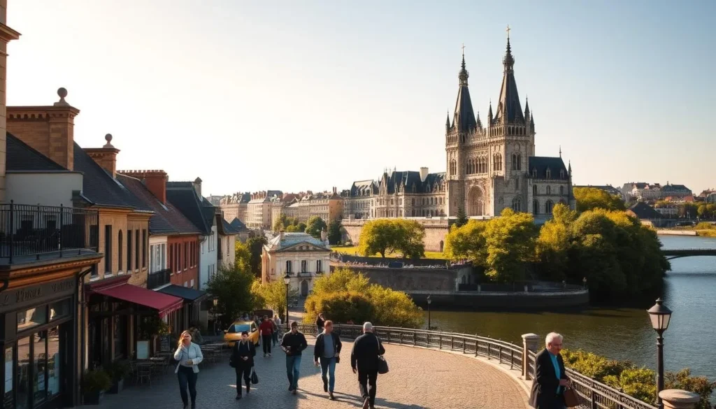 A picturesque cityscape of Nantes, France on a sunny day. In the foreground, people stroll along the charming cobblestone streets, past quaint cafes and shops. The middle ground features the iconic Château des Ducs de Bretagne, its grand Renaissance architecture and towers rising majestically. In the background, the Erdre River winds through the city, its banks dotted with lush greenery. Warm sunlight bathes the scene, creating a vibrant, inviting atmosphere. Capture the essence of Nantes' historical charm and walkable urban core, perfect for a guided city tour.