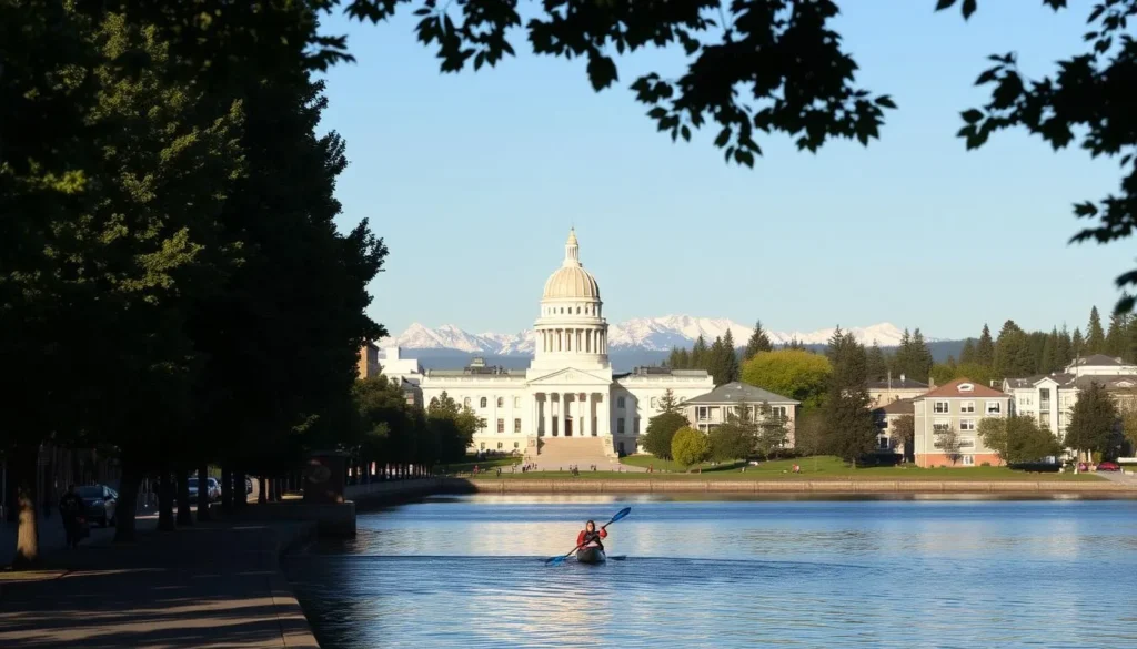 A picturesque cityscape of Olympia, Washington, the state's charming capital city. In the foreground, the iconic Capitol building stands tall, its domed architecture gleaming in the warm sunlight. Lush, verdant trees frame the scene, casting gentle shadows across the tranquil streets below. In the middle ground, the serene waters of Capitol Lake reflect the surrounding buildings and natural beauty. Kayakers and paddleboarders glide across the glassy surface, adding to the peaceful ambiance. In the distance, the majestic Olympic Mountains rise up, their snow-capped peaks creating a stunning backdrop. The overall atmosphere evokes a sense of serene sophistication, perfectly capturing the essence of Olympia, Washington.