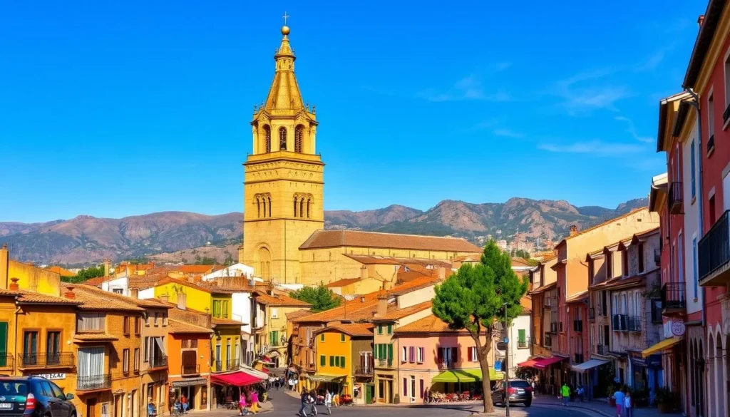A picturesque cityscape of Perpignan, France on a bright, sunny day. In the foreground, charming cobblestone streets lined with colorful medieval buildings and lively cafes. In the middle ground, the iconic bell tower of the Gothic-style Saint-Jean-Baptiste Cathedral rises majestically, its intricate stone facade bathed in warm, golden light. In the background, the rolling hills of the Pyrenees mountains provide a stunning natural backdrop, their rugged peaks silhouetted against a crisp, azure sky. The scene exudes a sense of timeless European charm and invites the viewer to explore the historical wonders and vibrant culture of this picturesque southern French city.