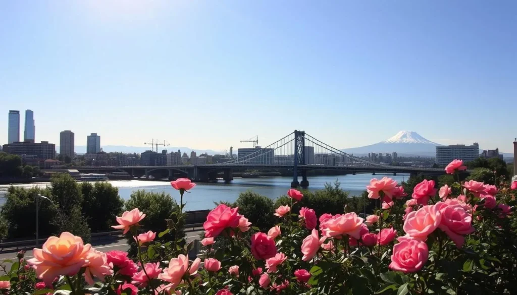 A picturesque cityscape of Portland, the "City of Roses," on a bright, sunny day. In the foreground, vibrant rose gardens in full bloom line the streets, their delicate petals swaying gently in the soft breeze. In the middle ground, the iconic Hawthorne Bridge stretches across the Willamette River, its unique design reflecting in the calm waters below. In the background, the snow-capped peaks of Mount Hood and Mount St. Helens rise majestically, creating a stunning natural backdrop to the urban landscape. The scene is bathed in warm, golden light, capturing the city's charming, peaceful atmosphere.