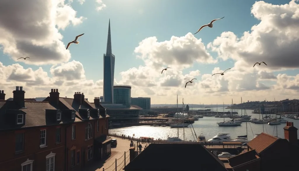 A picturesque cityscape of Portsmouth, England, with its iconic historic harbor and maritime heritage. Capture the imposing silhouette of the Spinnaker Tower, its sleek design reaching towards the azure sky. In the foreground, quaint brick buildings and cobblestone streets evoke the city's long history, while sailboats and yachts dot the sparkling waters of the harbor. Warm sunlight filters through fluffy clouds, casting a golden glow over the scene. Seagulls soar overhead, lending a sense of tranquility to this vibrant, waterfront metropolis. Compose the image with a wide-angle lens to showcase the city's breadth and scale, inviting the viewer to immerse themselves in the maritime ambiance of Portsmouth.