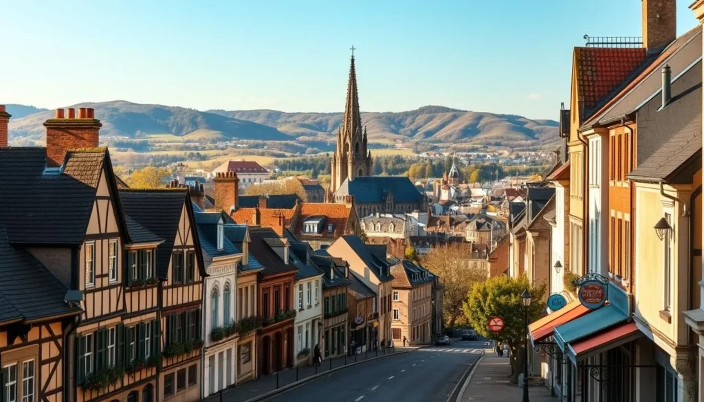 A picturesque cityscape of Rennes, the capital of Brittany, France. In the foreground, charming half-timbered buildings and cobblestone streets create a quaint, historic atmosphere. In the middle ground, the spires of the Rennes Cathedral and other grand, medieval-inspired architecture rise majestically. In the background, rolling hills and a clear blue sky provide a serene, natural backdrop. The scene is bathed in warm, golden sunlight, conveying a sense of tranquility and timelessness. Capture this quintessential Breton city in all its historic splendor on a pleasant spring or summer day.