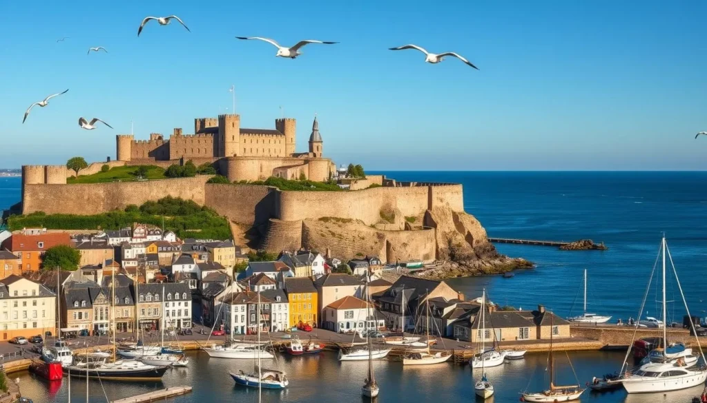 A picturesque cityscape of Saint-Malo, France, on a bright and sunny day. The ancient walled city rises majestically from the rugged coastline, its granite ramparts and towers casting long shadows across the bustling harbor below. In the foreground, fishing boats and yachts sway gently on the calm waters, while seagulls soar overhead. The middle ground showcases the charming old town, with its narrow, cobblestone streets, half-timbered houses, and quaint shops. In the background, the vast expanse of the English Channel stretches to the horizon, its blue waves reflecting the clear sky above. The scene exudes a sense of timeless tranquility and the adventurous spirit of Saint-Malo's storied past as a corsair stronghold.