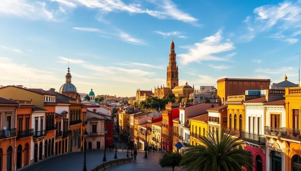 A picturesque cityscape of Seville, Spain, bathed in warm, golden sunlight. In the foreground, cobblestone streets wind through a charming historic district, lined with vibrant, colorful buildings and ornate Moorish architecture. In the middle ground, the iconic Seville Cathedral and Giralda tower rise majestically, their intricate details and grand spires commanding attention. The background is framed by a clear, azure sky, with wispy clouds adding a sense of tranquility. The scene conveys the historic elegance and enchanting atmosphere of this Andalusian gem, inviting the viewer to discover its timeless beauty.