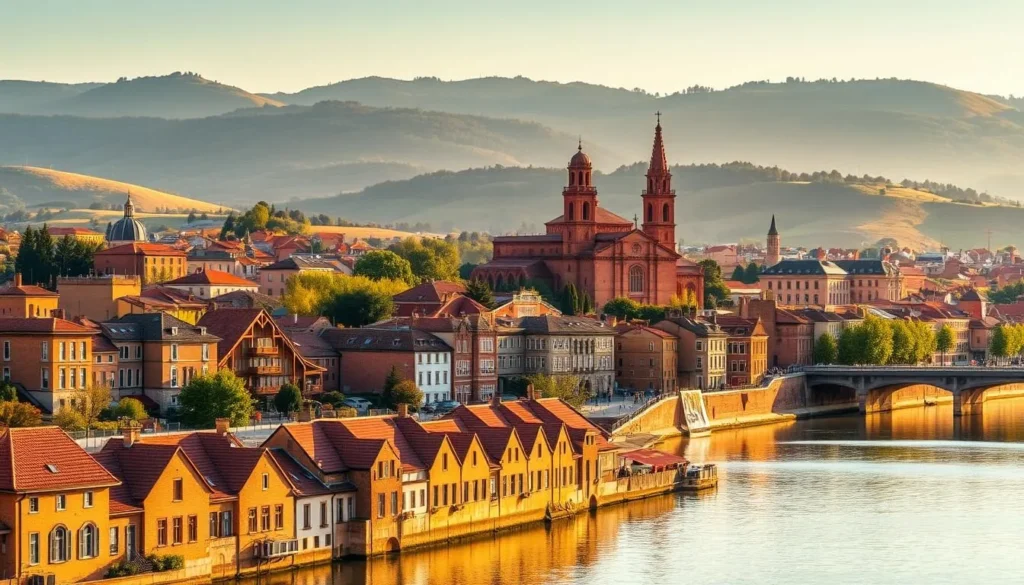 A picturesque cityscape of Toulouse, the "Pink City" of France, bathed in warm, golden sunlight. In the foreground, charming brick buildings with distinctive pink terracotta roofs line the tranquil banks of the Garonne River, their reflections shimmering in the calm waters. In the middle ground, the iconic Basilica of Saint-Sernin stands tall, its reddish-pink stone facade glistening. The background is dominated by the rolling hills and lush greenery that surround the city, creating a harmonious blend of natural and man-made elements. The overall scene conveys a sense of timeless elegance and the unique architectural heritage that defines Toulouse. A picturesque cityscape of Toulouse, the "Pink City" of France, bathed in warm, golden sunlight. In the foreground, charming brick buildings with distinctive pink terracotta roofs line the tranquil banks of the Garonne River, their reflections shimmering in the calm waters. In the middle ground, the iconic Basilica of Saint-Sernin stands tall, its reddish-pink stone facade glistening. The background is dominated by the rolling hills and lush greenery that surround the city, creating a harmonious blend of natural and man-made elements. The overall scene conveys a sense of timeless elegance and the unique architectural heritage that defines Toulouse.