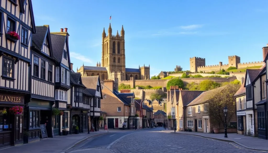 A picturesque cityscape of medieval York, England, on a pleasant spring day. In the foreground, cobblestone streets lined with quaint half-timbered buildings, their facades adorned with intricate carvings and colorful flower boxes. In the middle ground, the imposing York Minster cathedral towers majestically, its Gothic architecture bathed in warm, golden sunlight. In the background, the city's historic walls and ancient gatehouses stand as silent sentinels, surrounded by a lush, verdant landscape. The scene exudes a sense of timeless charm and tranquility, inviting the viewer to step back in time and discover the captivating medieval heritage of this enchanting English city.