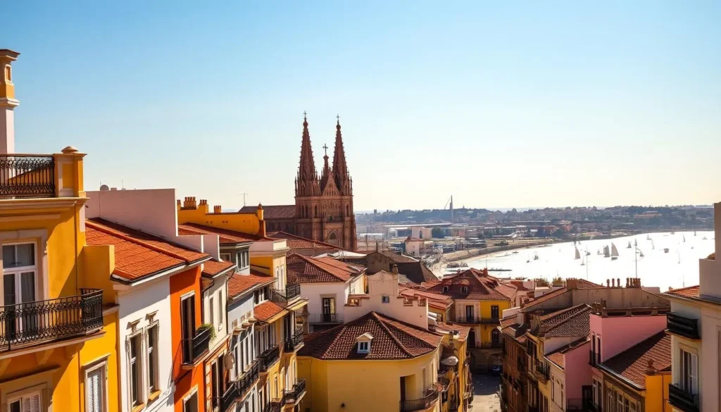 A picturesque cityscape showcasing the iconic architecture of Cádiz, Spain's oldest city. In the foreground, colorful buildings with terracotta roofs and ornate balconies line the winding streets, while in the middle ground, the towering spires of the Cathedral of Cádiz rise majestically against a bright, azure sky. The scene is bathed in warm, golden sunlight, casting long shadows and highlighting the intricate details of the historic structures. In the background, the shimmering waters of the Bay of Cádiz stretch out, with sailing boats dotting the horizon. The overall atmosphere conveys a sense of timeless Mediterranean charm and the city's rich cultural heritage.