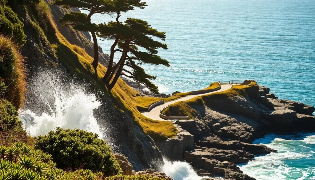 A picturesque coastal scene along the rugged shores of Monterey, California. In the foreground, sun-dappled waves crash against the rocky cliffs, their white foam swirling and spraying. Lush, verdant vegetation clings to the cliff edges, adding pops of vibrant green. In the middle ground, a winding path meanders along the coastline, inviting exploration. Towering cypress trees sway gently in the soft ocean breeze, their twisted trunks and delicate foliage casting intriguing shadows. The background features the vast, shimmering expanse of the Pacific Ocean, its hues ranging from deep azure to glittering turquoise. Warm, golden light bathes the entire scene, creating a serene, enchanting atmosphere that captures the essence of Monterey's coastal charm.