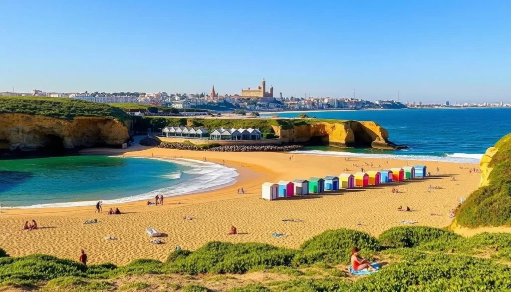 A picturesque coastal scene in Cádiz, Spain. La Caleta Beach is a crescent-shaped stretch of golden sand, framed by ochre cliffs and the sparkling azure waters of the Atlantic. In the foreground, sun-seekers relax on towels, while children playfully build sandcastles. The middle ground features a row of charming beach huts, their vibrant colors contrasting with the lush greenery behind. In the distance, the historic city skyline rises, its iconic landmarks like the Cádiz Cathedral and the Torre Tavira visible on the horizon. The scene is bathed in warm, golden light, creating a serene and tranquil atmosphere, inviting visitors to unwind and soak up the Mediterranean ambiance. A picturesque coastal scene in Cádiz, Spain. La Caleta Beach is a crescent-shaped stretch of golden sand, framed by ochre cliffs and the sparkling azure waters of the Atlantic. In the foreground, sun-seekers relax on towels, while children playfully build sandcastles. The middle ground features a row of charming beach huts, their vibrant colors contrasting with the lush greenery behind. In the distance, the historic city skyline rises, its iconic landmarks like the Cádiz Cathedral and the Torre Tavira visible on the horizon. The scene is bathed in warm, golden light, creating a serene and tranquil atmosphere, inviting visitors to unwind and soak up the Mediterranean ambiance.
