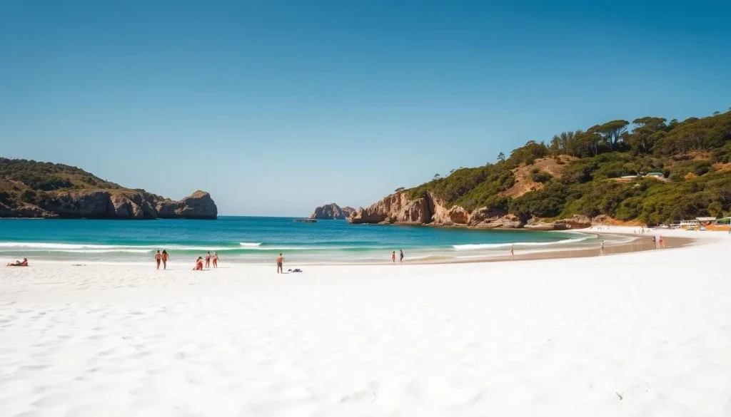 A picturesque coastal scene of Batemans Bay Beach, New South Wales. In the foreground, fine white sand stretches out, dotted with beachgoers relaxing under the warm sun. The middle ground features gentle waves lapping at the shore, their turquoise hues reflecting the clear sky above. In the background, rugged cliffs and lush green foliage frame the tranquil bay, creating a serene and inviting atmosphere. Capture the essence of this idyllic coastal getaway, with natural lighting and a wide-angle lens to showcase the breathtaking panoramic view.