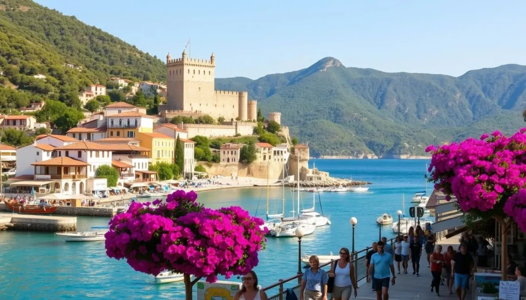 A picturesque coastal town in Parga, Greece, with vibrant bougainvillea-draped houses, a charming harbor, and crystal-clear turquoise waters. In the foreground, people stroll along the seaside promenade, stopping to admire the view or enjoy a meal at a quaint outdoor cafe. The middle ground features the iconic Venetian castle perched atop a hill, its ancient walls and towers bathed in warm, golden sunlight. In the background, lush green hills and mountains rise up, creating a serene and breathtaking backdrop. The scene exudes a sense of tranquility and Mediterranean charm, perfectly capturing the essence of Parga's best activities and attractions. A picturesque coastal town in Parga, Greece, with vibrant bougainvillea-draped houses, a charming harbor, and crystal-clear turquoise waters. In the foreground, people stroll along the seaside promenade, stopping to admire the view or enjoy a meal at a quaint outdoor cafe. The middle ground features the iconic Venetian castle perched atop a hill, its ancient walls and towers bathed in warm, golden sunlight. In the background, lush green hills and mountains rise up, creating a serene and breathtaking backdrop. The scene exudes a sense of tranquility and Mediterranean charm, perfectly capturing the essence of Parga's best activities and attractions.