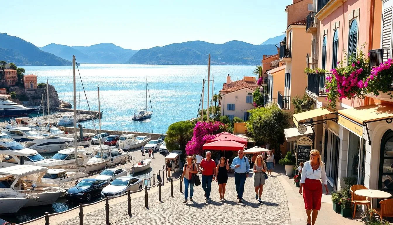A picturesque coastal town nestled along the French Riviera, with a pristine harbor filled with luxury yachts and sailboats gently swaying in the breeze. Charming pastel-colored buildings line the quaint cobblestone streets, their facades adorned with cascading bougainvillea blooms. Stylishly dressed individuals stroll along the promenade, pausing to sip espresso at chic outdoor cafes or browse the high-end boutiques. In the distance, the sparkling azure waters of the Mediterranean Sea beckon, framed by a backdrop of rolling hills and lush olive groves. Warm sunshine bathes the scene, casting a golden glow and creating a sense of timeless elegance and relaxation.