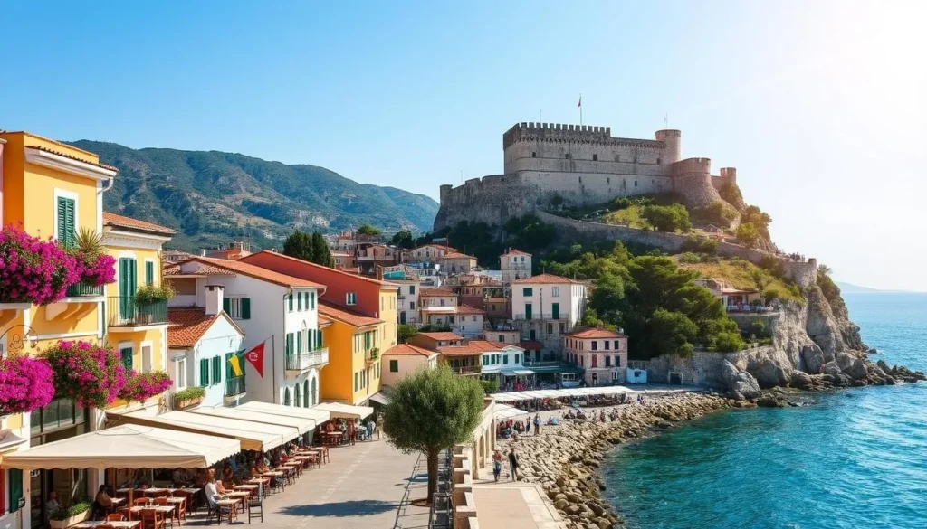A picturesque coastal town nestled along the Ionian Sea, Parga radiates a charming Mediterranean ambiance. Capture the sun-drenched promenade lined with colorful buildings, their facades adorned with bougainvillea cascading from balconies. In the foreground, quaint tavernas and cafes invite visitors to linger and soak in the lively atmosphere. The middle ground showcases the iconic hilltop Venetian castle, its weathered stone walls casting shadows across the town. In the distance, the azure waters of the bay glisten, framed by verdant hills and olive groves. Utilize a wide-angle lens to showcase the town's picturesque layout, with natural lighting illuminating the scene to convey a warm, inviting mood. A picturesque coastal town nestled along the Ionian Sea, Parga radiates a charming Mediterranean ambiance. Capture the sun-drenched promenade lined with colorful buildings, their facades adorned with bougainvillea cascading from balconies. In the foreground, quaint tavernas and cafes invite visitors to linger and soak in the lively atmosphere. The middle ground showcases the iconic hilltop Venetian castle, its weathered stone walls casting shadows across the town. In the distance, the azure waters of the bay glisten, framed by verdant hills and olive groves. Utilize a wide-angle lens to showcase the town's picturesque layout, with natural lighting illuminating the scene to convey a warm, inviting mood.