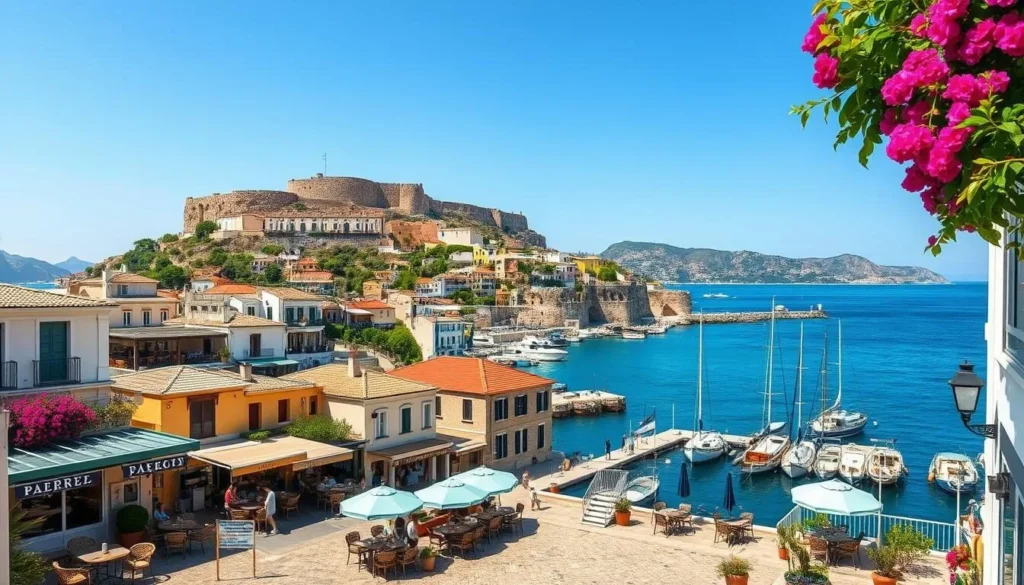 A picturesque coastal town nestled along the azure waters of the Argolic Gulf, Nafplio exudes a charming Mediterranean ambiance. Capture the quaint harbor lined with colorful fishing boats, their masts swaying gently in the warm breeze. Ascend the winding cobblestone streets, framed by neoclassical buildings and bougainvillea-draped balconies, leading to the imposing Palamidi Fortress that towers majestically over the town. In the foreground, sun-dappled plazas host lively cafes and tavernas, their outdoor tables abuzz with locals and visitors savoring the flavors of Greece. The overall scene radiates a sense of relaxed elegance, inviting the viewer to step into this picturesque Peloponnese gem and discover its timeless allure.