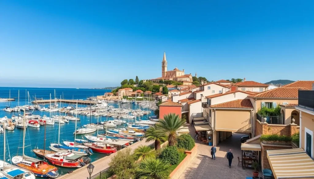 A picturesque coastal town nestled along the azure waters of the French Riviera, Saint-Tropez is a study in timeless charm. Capture the essence of its storied past with a wide-angle view showcasing the vibrant harbor, flanked by rows of colorful fishing boats and classic Mediterranean architecture. In the middle ground, stroll down the charming cobblestone streets, lined with quaint boutiques, sidewalk cafes, and sun-dappled plazas. In the background, the iconic citadel and church spires rise majestically, silhouetted against a clear, azure sky. Convey a sense of relaxed, sun-soaked ambiance, with dappled shadows and warm, golden hues suffusing the scene.