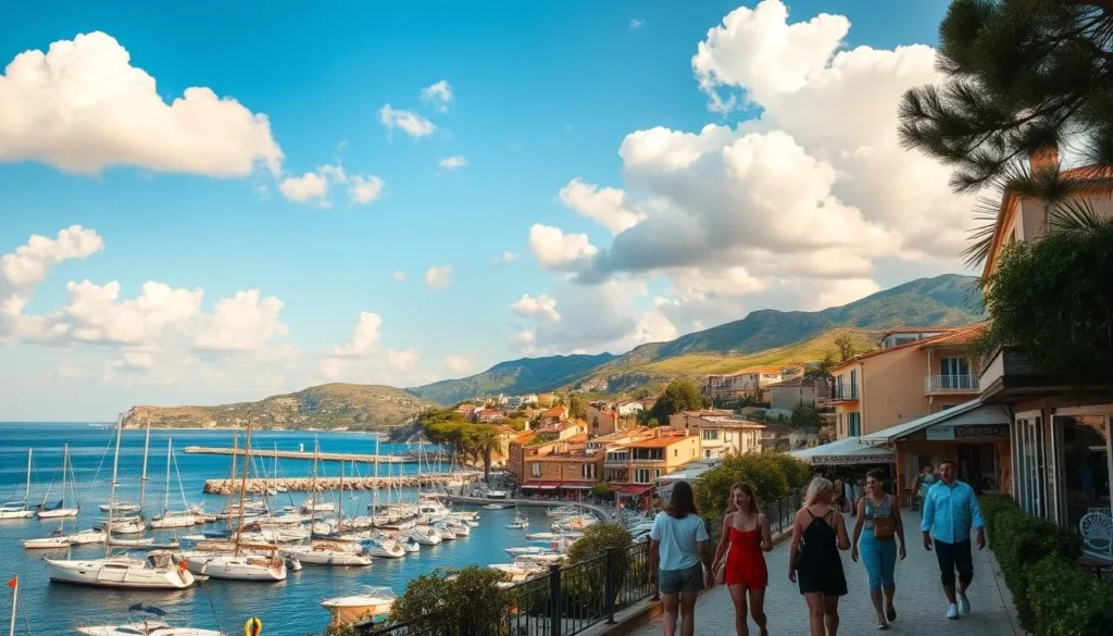 A picturesque coastal town nestled along the azure waters of the French Riviera, with a charming harbor dotted with sailboats and yachts. Quaint cafes and boutiques line the cobblestone streets, while rolling hills and lush vineyards backdrop the scene. Warm, golden sunlight filters through fluffy clouds, casting a serene glow over the tranquil setting. In the foreground, a group of friends stroll leisurely, taking in the sights and savoring the Mediterranean atmosphere. The overall mood is one of relaxation and wonder, capturing the essence of an idyllic day trip from the nearby town of Saint-Tropez.