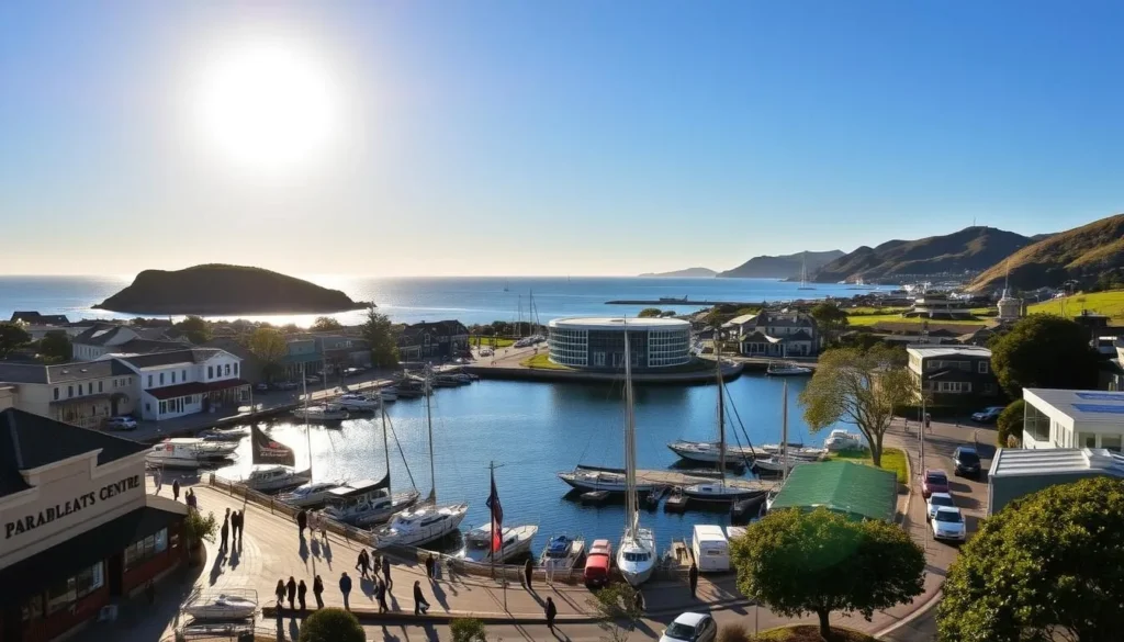 A picturesque coastal town nestled along the rugged shores of northwestern Tasmania. The sun's warm rays illuminate the vibrant harbor, casting a gentle glow on the historic buildings and bustling fishing boats. In the foreground, a lively promenade lined with cafes, galleries, and local shops invites visitors to explore Burnie's charming character. The middle ground features the iconic Paranaple Arts Centre, its modern architecture standing in contrast to the quaint, seaside atmosphere. In the distance, the dramatic cliffs and rolling hills of the Tasmanian landscape frame the scene, hinting at the natural wonders that await beyond the town's limits. An idyllic coastal town brimming with maritime history, local culture, and scenic beauty.