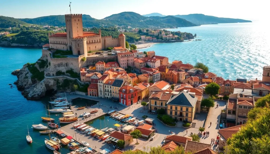 A picturesque coastal town nestled along the rugged shores of the Costa Brava, Spain. In the foreground, a quaint medieval harbor dotted with traditional fishing boats and colorful awnings. Towering above, a magnificent castle stands proud, its ancient stone walls glowing in the warm afternoon sunlight. In the middle ground, winding cobblestone streets lead past historical buildings and charming plazas, bustling with locals and visitors alike. The background is framed by the sparkling azure waters of the Mediterranean, rolling hills, and lush greenery. A tranquil, timeless atmosphere pervades the scene, inviting exploration of the region's rich cultural and architectural heritage.