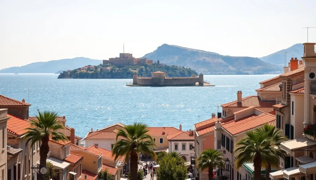 A picturesque coastal town nestled along the sparkling Aegean Sea, Nafplio showcases its majestic Venetian fortress, Palamidi, overlooking the quaint, narrow streets below. Capture the warm, golden sunlight glistening on the terracotta rooftops and ancient stone buildings, conveying a sense of timeless Mediterranean charm. In the foreground, stroll along the promenade lined with palm trees and cafes, where locals and visitors mingle. The middle ground reveals the iconic Bourtzi fortress situated on a small island, connected by a causeway. In the distance, rugged, verdant hills rise up, creating a picturesque backdrop to this idyllic seaside town. Portray a tranquil, inviting atmosphere, perfect for exploring on a pleasant day.