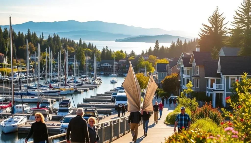 A picturesque coastal town on the Olympic Peninsula, Port Townsend offers a wealth of outdoor activities against a stunning natural backdrop. In the foreground, people stroll along the historic waterfront, admiring the sailboats and yachts in the marina. In the middle ground, hikers traverse wooded trails, taking in panoramic views of the Puget Sound and the distant Olympic Mountains. In the background, the sun casts a warm glow over the quaint Victorian-era buildings, creating a serene and inviting atmosphere. The scene is characterized by soft, natural lighting, a shallow depth of field, and a harmonious color palette of blues, greens, and earth tones.