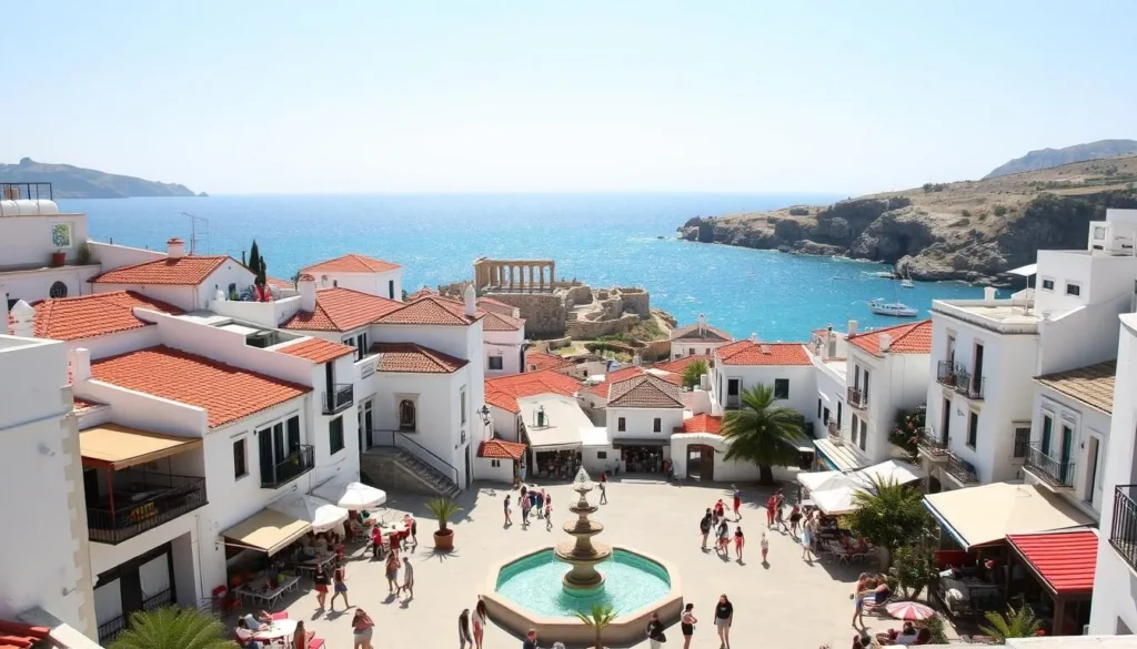A picturesque coastal village nestled on the eastern shores of Rhodes island, Greece. Charming whitewashed buildings with terracotta roofs line the narrow, winding streets. In the foreground, a bustling town square filled with local residents and visitors enjoying the warm Mediterranean sun. A central fountain serves as the focal point, its gentle splashing complementing the lively atmosphere. In the middle ground, the iconic Kamiros Acropolis ruins stand tall, a testament to the island's rich history. The background features the shimmering azure waters of the Aegean Sea, complemented by rugged cliffs and a cloudless sky. An air of tranquility and timeless elegance pervades the scene, inviting the viewer to step into the enchanting world of Rhodes.