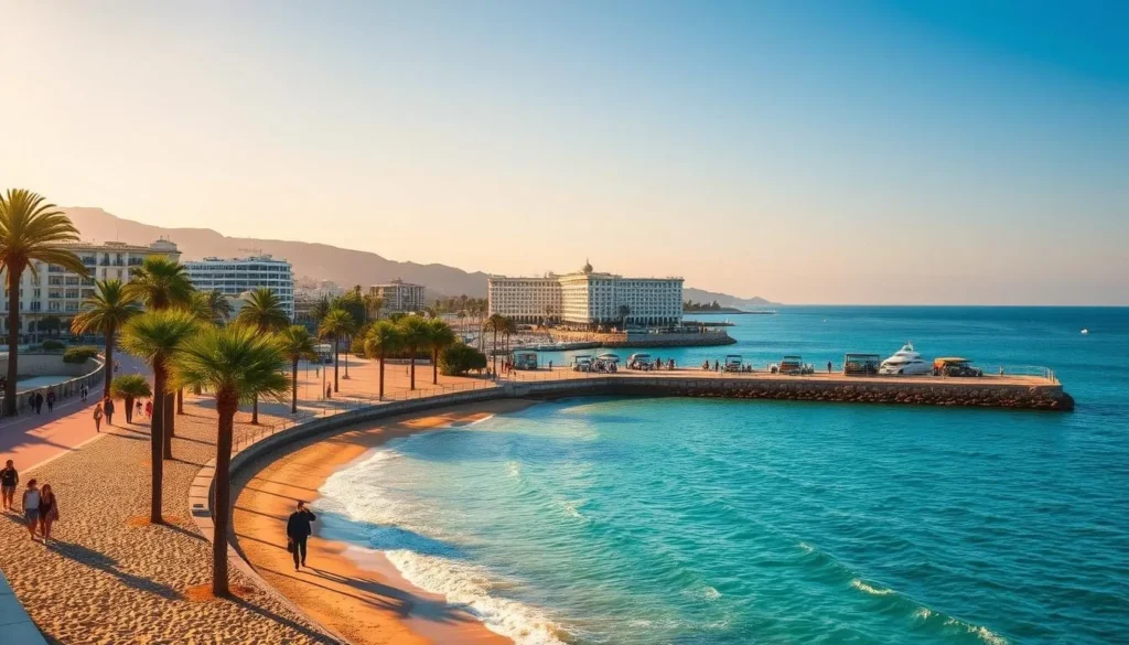 A picturesque coastline in Cannes, France, with a sandy beach, crystal-clear turquoise waters, and lush palm trees lining the promenade. The scene is bathed in warm, golden sunlight, creating a serene and inviting atmosphere. In the middle ground, people stroll along the Croisette, the famous seaside boulevard, while in the background, the iconic Palais des Festivals et des Congrès, home of the renowned Cannes Film Festival, stands tall. The image captures the essence of Cannes as a chic and glamorous coastal destination, perfect for a relaxing visit.