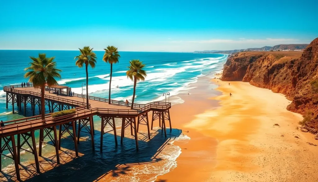 A picturesque coastline in Huntington Beach, California, on a bright, sunny day. The foreground features the iconic wooden pier stretching out into the sparkling azure waters of the Pacific Ocean, with surfers riding the gentle waves. In the middle ground, palm trees sway in the gentle breeze, complementing the vibrant, golden sand beaches. The background showcases the rugged coastal cliffs, bathed in warm, soft lighting that creates a serene, tranquil atmosphere. Capture the essence of "Surf City USA" with a breathtaking, cinematic wide-angle lens that showcases the beauty and allure of this picturesque California destination.
