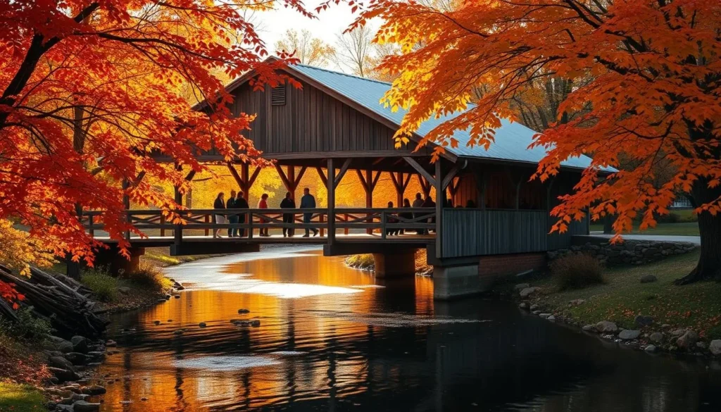A picturesque covered bridge set against the backdrop of a lush, autumnal landscape. The wooden structure, weathered and charming, spans a gently flowing creek, its reflection shimmering in the calm waters. Vibrant orange, red, and yellow foliage frame the scene, creating a warm, inviting atmosphere. Soft, directional sunlight filters through the trees, casting a golden glow over the entire area. A group of visitors stroll across the bridge, taking in the tranquil setting and the unique architectural features. The scene conveys the essence of a quintessential small-town autumn festival, capturing the seasonal beauty and the sense of community.