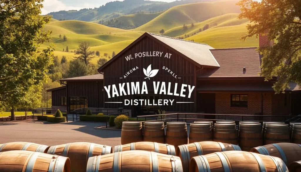 A picturesque distillery nestled in the heart of Yakima Valley, Washington. The Yakima Valley Distillery stands proudly, its rustic wooden facade and weathered brick accents blending seamlessly with the lush, rolling hills in the background. Sunlight filters through the trees, casting a warm, golden glow over the scene. In the foreground, barrels of aging spirits sit neatly arranged, hinting at the care and craftsmanship that goes into each bottle. The distillery's logo is prominently displayed, but without any intrusive text or overlays. The overall atmosphere evokes a sense of artisanal tradition and natural beauty, perfectly capturing the essence of the Yakima Valley's thriving craft spirits industry.