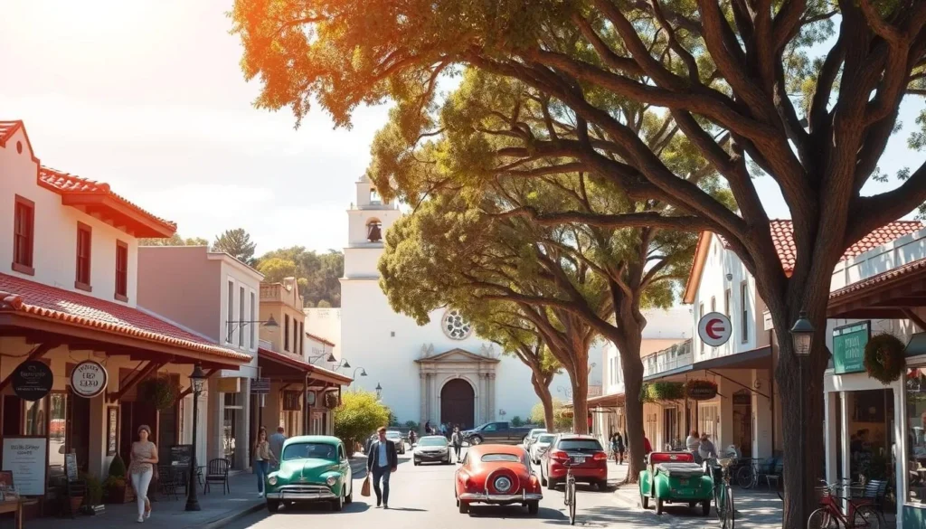 A picturesque downtown San Luis Obispo on a sunny afternoon. Charming Spanish-style buildings with red-tiled roofs line tree-lined streets. Quaint boutiques, cafes, and art galleries invite exploration. In the center, the historic Mission San Luis Obispo de Tolosa stands tall, its white facade and bell tower a prominent landmark. Pedestrians stroll along the sidewalks, enjoying the lively atmosphere and local culture. Vintage cars and bicycles add a touch of nostalgia. Warm sunlight filters through the canopy of mature sycamore trees, casting gentle shadows. The scene evokes a sense of relaxed California coastal living, perfect for a day of leisurely discovery in downtown San Luis Obispo. A picturesque downtown San Luis Obispo on a sunny afternoon. Charming Spanish-style buildings with red-tiled roofs line tree-lined streets. Quaint boutiques, cafes, and art galleries invite exploration. In the center, the historic Mission San Luis Obispo de Tolosa stands tall, its white facade and bell tower a prominent landmark. Pedestrians stroll along the sidewalks, enjoying the lively atmosphere and local culture. Vintage cars and bicycles add a touch of nostalgia. Warm sunlight filters through the canopy of mature sycamore trees, casting gentle shadows. The scene evokes a sense of relaxed California coastal living, perfect for a day of leisurely discovery in downtown San Luis Obispo.