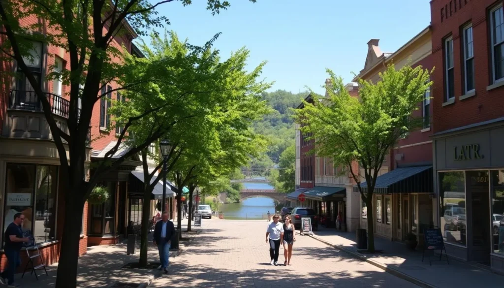 A picturesque downtown streetscape, the historic business district of Saugerties, New York, comes alive on a bright, sunny day. Quaint Victorian-era buildings line the street, their ornate facades casting warm shadows across the cobblestone walkways. Pedestrians stroll leisurely, admiring the charming storefronts and boutiques. Towering trees provide dappled shade, their lush foliage framing the scene. In the background, the Esopus Creek winds its way, reflecting the vibrant colors of the day. The atmosphere is one of small-town tranquility and timeless appeal, inviting exploration of this historic and picturesque downtown area.