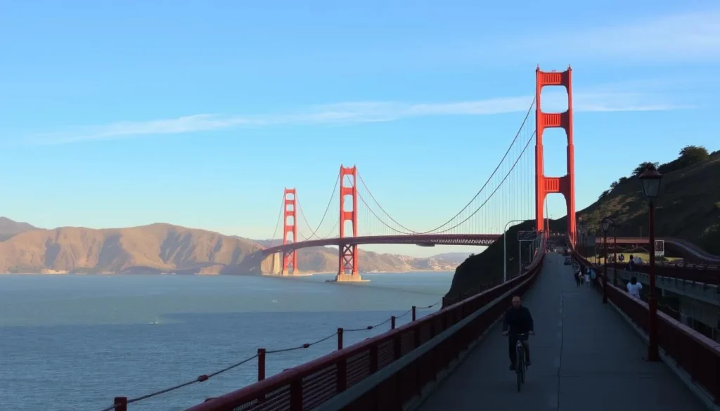 A picturesque, golden-hued afternoon at the iconic Golden Gate Bridge in Sausalito, California. The magnificent suspension bridge stretches across the serene, sparkling waters of the Golden Gate Strait, its distinctive orange-red towers reaching skyward against a backdrop of rolling hills and a clear, azure sky. Pedestrians and cyclists enjoy the scenic, windswept walkway, taking in the breathtaking views of the San Francisco Bay. The bridge's graceful, art deco-inspired architecture is beautifully illuminated by warm, natural lighting, creating a sense of timeless elegance and wonder. This tranquil, postcard-worthy scene perfectly captures the essence of a perfect day in Sausalito, inviting visitors to plan their upcoming visit.