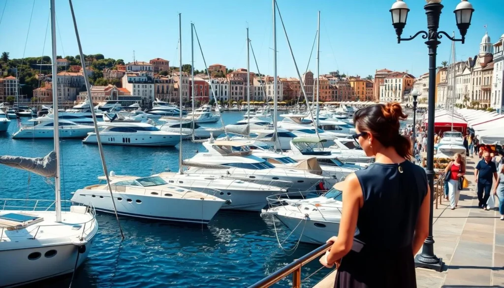 A picturesque harbor filled with gleaming luxury yachts, their sleek silhouettes and polished hulls reflecting the sunlight on the calm waters of Saint-Tropez's Old Port. In the foreground, elegant sailboats and motorboats sway gently, while in the middle ground, well-dressed patrons stroll along the promenade, taking in the sights and sounds of this chic coastal town. The background features the charming pastel-colored buildings and cafes that line the harbor, creating a vibrant and sophisticated atmosphere. Capture this scene with a wide-angle lens, using natural lighting to highlight the warm, Mediterranean ambiance.