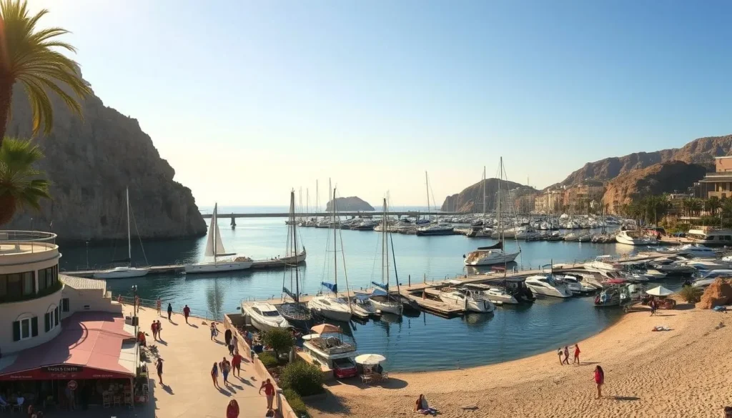A picturesque harbor with a vibrant marina, surrounded by towering cliffs and lush palm trees. Sailboats and yachts gently sway in the calm waters, reflecting the clear blue sky. In the foreground, a bustling boardwalk lined with charming shops and seafood restaurants. Beachgoers stroll along the sandy shore, taking in the scenic beauty. Warm sunlight casts a golden glow, creating a serene and inviting atmosphere. Capture the essence of this coastal haven, showcasing its natural splendor and lively harbor activities.