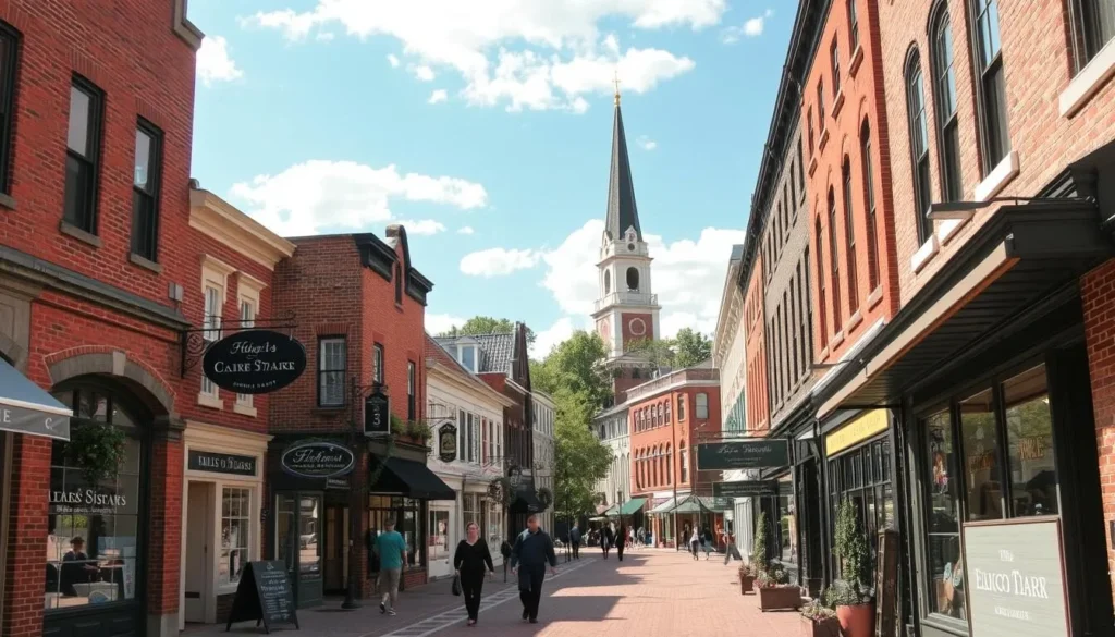 A picturesque historic district nestled along the banks of the Patapsco River, Ellicott City showcases a charming blend of 19th-century architecture and modern shops. Depict the quaint main street lined with brick storefronts, their weathered facades casting warm, golden hues under a bright, sun-dappled sky. In the foreground, capture pedestrians strolling past charming boutiques and cafes, while in the distance, the steeple of a historic church rises above the rooftops. Render the scene with a sense of timeless elegance and tranquility, inviting the viewer to imagine wandering the scenic streets of this unique small town.