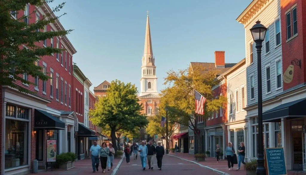 A picturesque historic downtown in Newburyport, Massachusetts on a pleasant, sunny day. Brick and clapboard buildings line the quaint tree-lined streets, their charming New England architectural details casting soft shadows. Pedestrians stroll along the sidewalks, admiring the unique boutiques, galleries, and cafes. In the distance, the spire of a grand church rises above the rooftops. Warm lighting filters through the streetlamps, creating a welcoming, inviting atmosphere. The scene captures the timeless character and lively ambiance of Newburyport's cherished historic core.