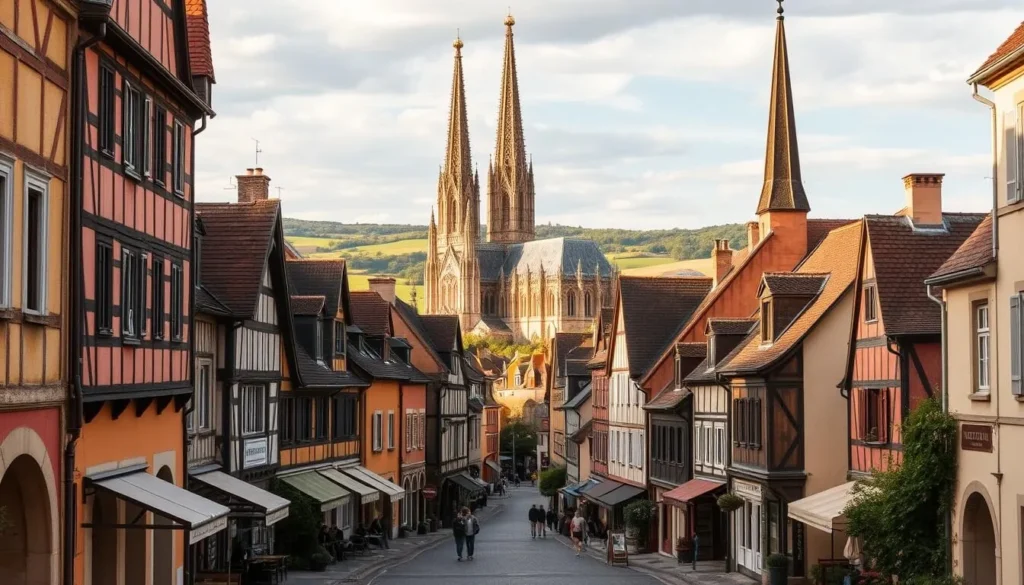 A picturesque historic preservation area in Chartres, France, with its iconic cathedral spires soaring above quaint medieval buildings. Capture the cobblestone streets lined with half-timbered houses, their warm ochre and honey-colored facades bathed in soft, golden afternoon light. In the foreground, charming cafes and boutiques invite pedestrians to stroll and explore. In the middle ground, the magnificent Cathédrale Notre-Dame de Chartres rises majestically, its ornate Gothic architecture a testament to the city's rich cultural heritage. In the background, rolling hills and lush greenery frame the scene, creating a harmonious, picturesque composition.