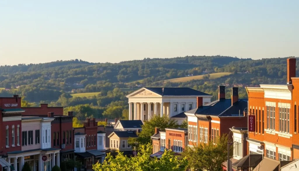 A picturesque historic town nestled along the Mispillion River, Milford, Delaware exudes old-world charm. In the foreground, capture the quaint downtown district, with its well-preserved 19th-century buildings housing local shops and eateries. Mid-frame, showcase the stately Milford Public Library, a magnificent example of Greek Revival architecture. In the background, render the rolling hills and lush greenery that surround the town, bathed in warm, golden afternoon light. Convey a sense of timeless tranquility and community pride that embodies Milford's unique heritage.