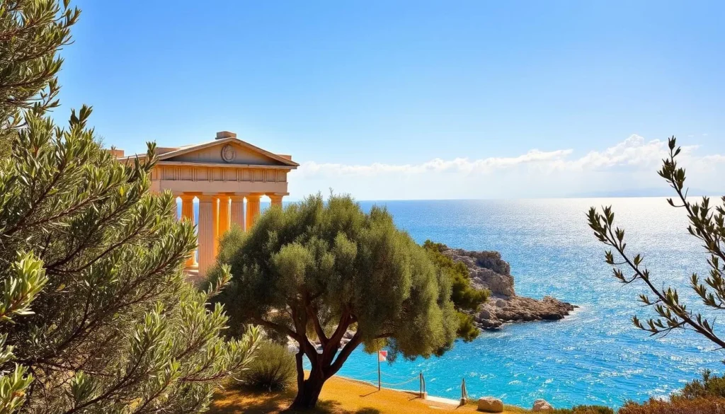 A picturesque historical site on the idyllic island of Kefalonia, Greece. A sun-dappled ancient Greek temple stands proudly, its timeless marble columns and ornate pediment bathed in warm golden light. In the foreground, a tranquil olive grove rustles gently in the breeze, while in the distance, the sparkling azure waters of the Ionian Sea shimmer under a cloudless sky. The scene exudes a sense of timeless serenity, inviting visitors to step back in time and immerse themselves in the rich cultural heritage of this captivating Mediterranean island. A picturesque historical site on the idyllic island of Kefalonia, Greece. A sun-dappled ancient Greek temple stands proudly, its timeless marble columns and ornate pediment bathed in warm golden light. In the foreground, a tranquil olive grove rustles gently in the breeze, while in the distance, the sparkling azure waters of the Ionian Sea shimmer under a cloudless sky. The scene exudes a sense of timeless serenity, inviting visitors to step back in time and immerse themselves in the rich cultural heritage of this captivating Mediterranean island.