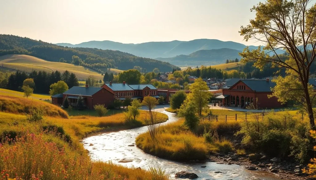 A picturesque landscape of Fayetteville, Arkansas, nestled amidst rolling hills and lush greenery. In the foreground, a winding stream glistens under the warm, golden sunlight, its banks lined with vibrant wildflowers. The middle ground features a quaint, historic downtown area, with charming brick buildings and tree-lined streets. In the distance, the Blue Ridge Mountains rise majestically, their peaks capped with a dusting of snow. The scene conveys a sense of tranquility and natural beauty, inviting the viewer to explore this gem of Northwest Arkansas. Captured with a wide-angle lens, the image showcases the harmony between the town and its picturesque surroundings.