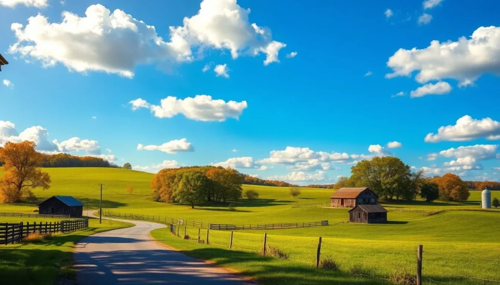 A picturesque landscape of rolling hills and lush meadows in London, Kentucky. In the foreground, a winding country road leads through a pastoral scene, dotted with weathered barns and silos. Towering hardwood trees line the horizon, their vibrant foliage casting dappled shadows across the undulating terrain. The sky is a brilliant azure, with fluffy white clouds drifting lazily overhead, illuminating the scene with warm, golden sunlight. The atmosphere is tranquil and serene, inviting the viewer to immerse themselves in the quiet beauty of this hidden gem in the Bluegrass State.
