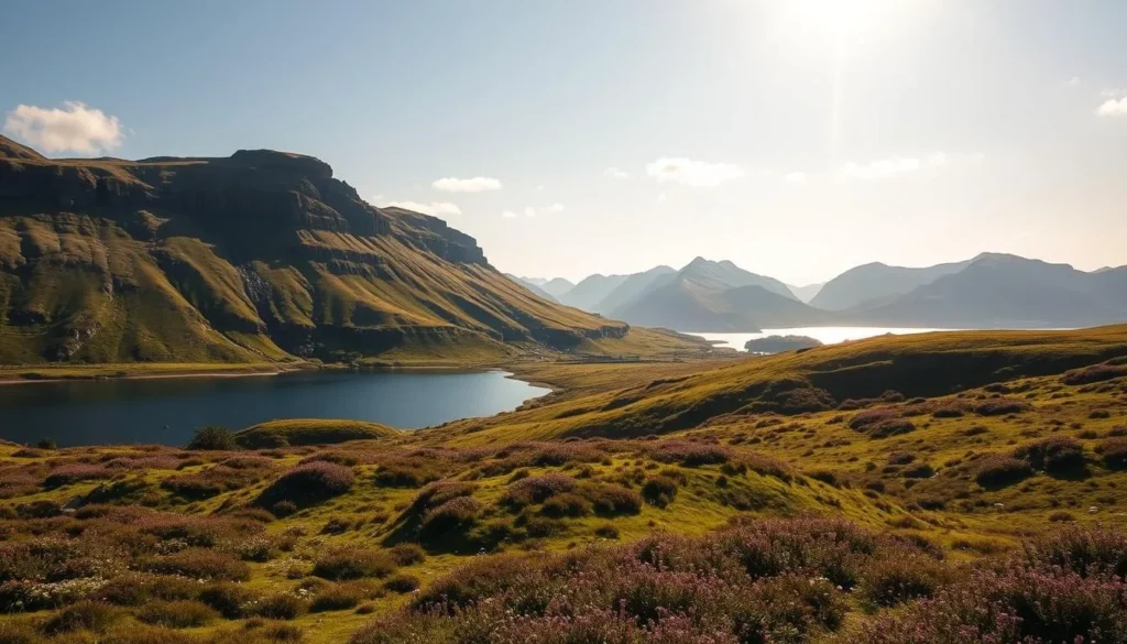 A picturesque landscape of the Isle of Mull, Scotland, under a bright, sun-dappled sky. In the foreground, rolling green hills dotted with heather and wildflowers lead to a crystalline loch reflecting the surrounding natural beauty. In the middle ground, rugged cliffs and rocky outcroppings rise majestically, their weathered surfaces casting dramatic shadows. In the distance, the silhouettes of mountains stretch towards the horizon, their peaks capped with a light dusting of snow. The scene is bathed in warm, golden light, creating a serene and inviting atmosphere that captures the essence of the best time to visit the Isle of Mull.
